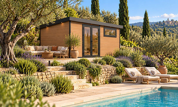 WPC-Gartenhaus Antibes mit Pultdach in Nussbaum